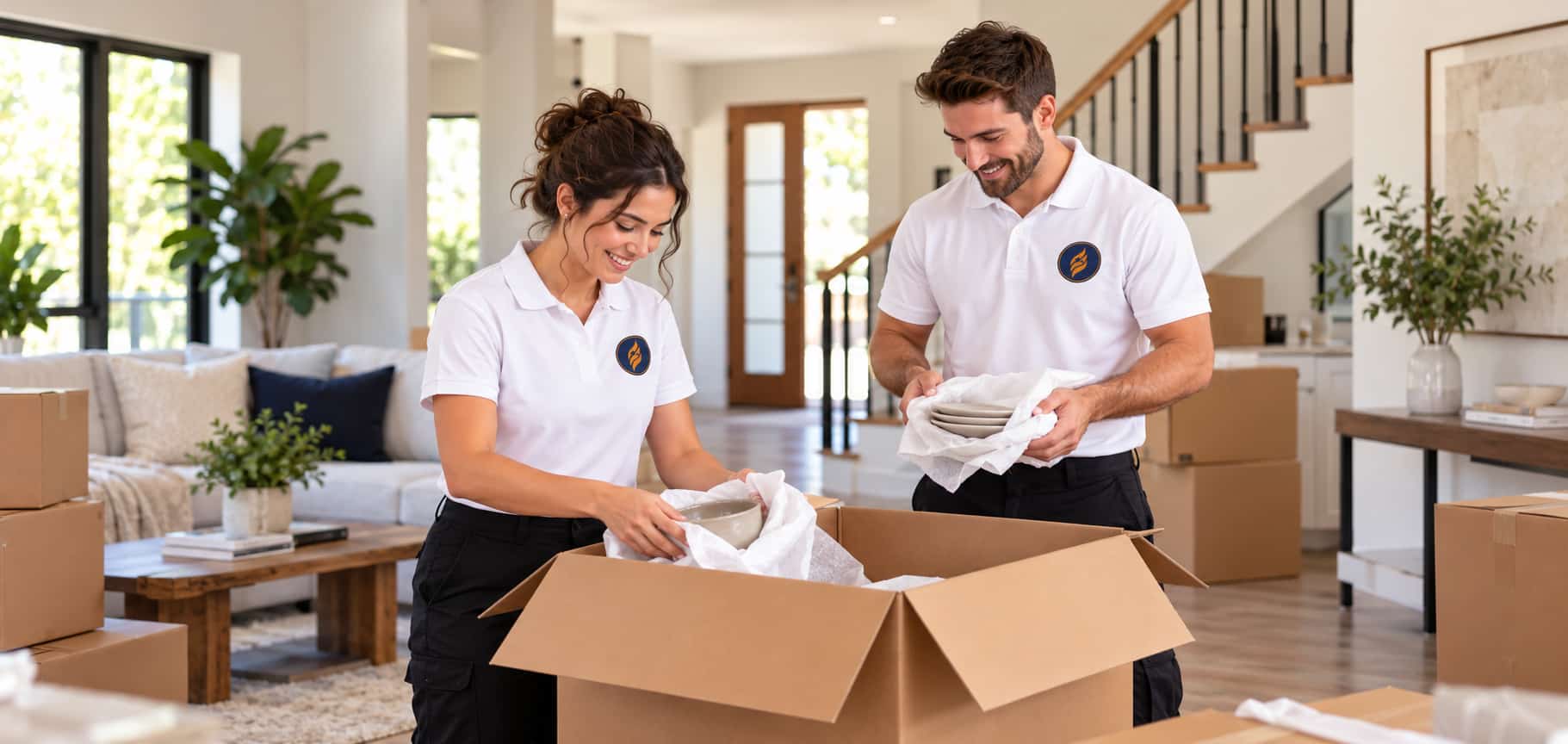 Two Fireland packers wrapping and packing household items into a box in a bright living room