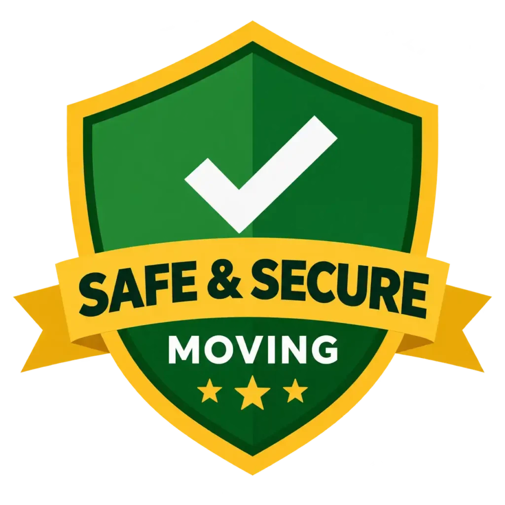 Safe and Secure Moving badge with a green shield and checkmark