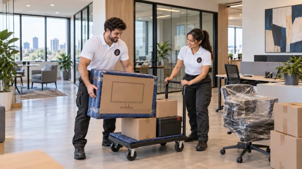 Commercial movers relocating office monitors on a cart in a modern office