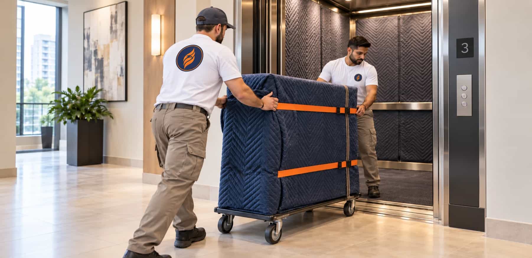 Movers wheeling blanket-wrapped furniture into a condo building elevator