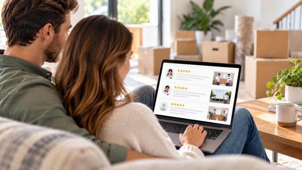 Couple on a couch reading five-star moving company reviews on a laptop surrounded by moving boxes