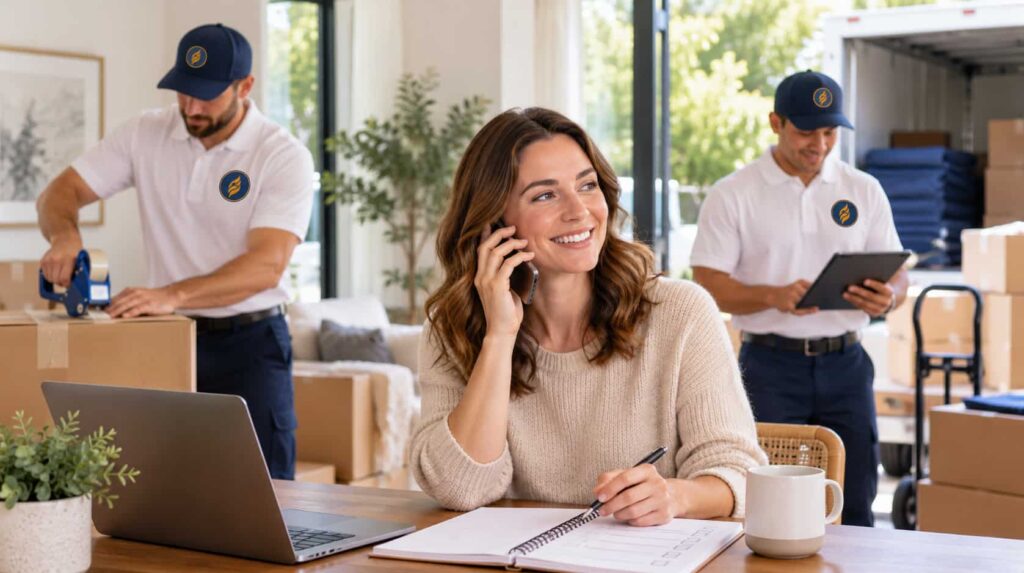 Woman on the phone booking movers at her laptop while Fireland movers pack boxes in the background