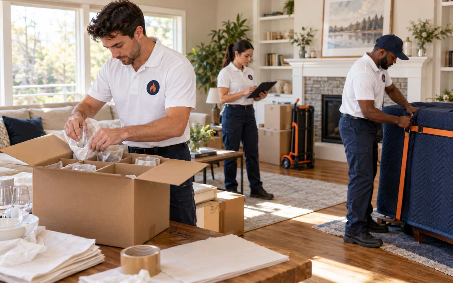 Fireland movers packing fragile items with packing paper while a team member checks the moving inventory on a tablet