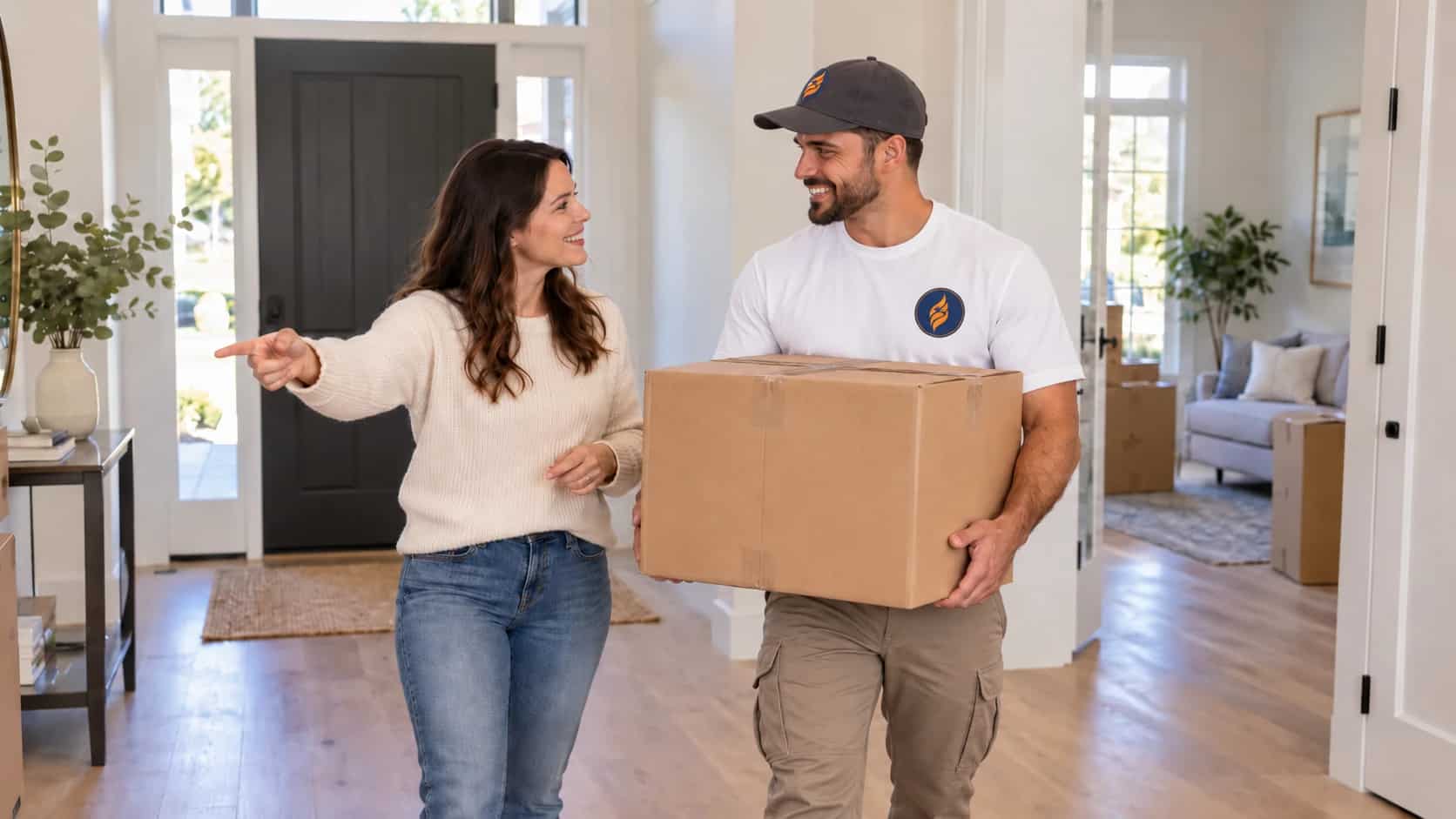 Homeowner showing a Fireland mover where to place a moving box in her Vaughan home