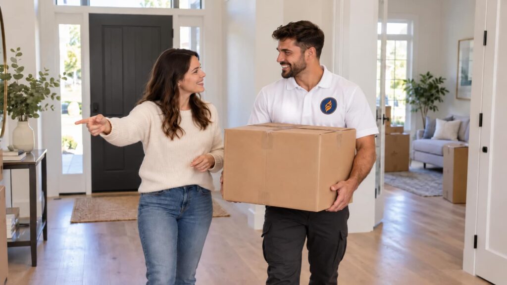 Homeowner guiding a mover carrying a moving box inside her home