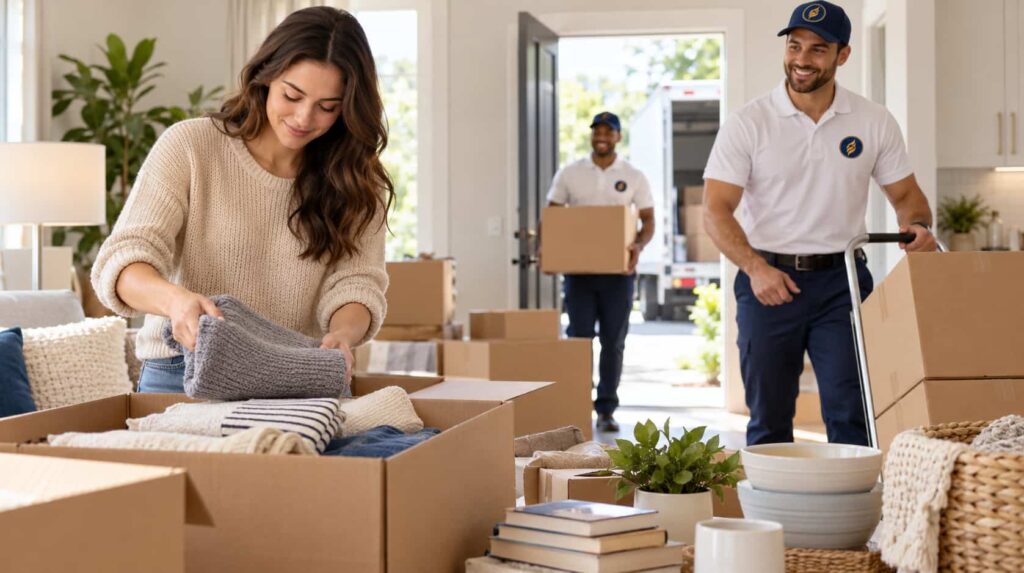 Homeowner packing clothes into a moving box while Fireland movers carry boxes into the home