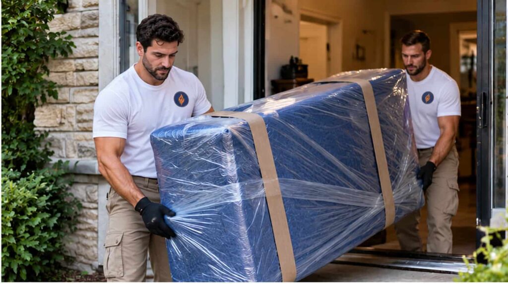 Insured movers carrying shrink-wrapped furniture through the front door of a home