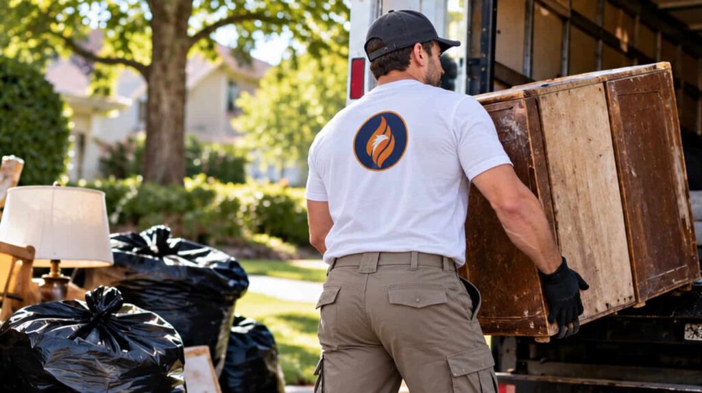 Fireland mover loading an old wooden dresser and garbage bags into a truck for junk removal