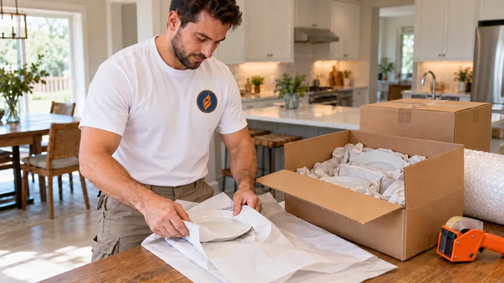 Fireland mover wrapping dishes in packing paper for a kitchen packing service in Richmond Hill