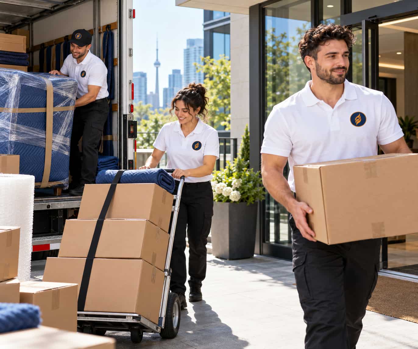 Fireland movers unloading boxes and wrapped furniture for a last minute move in downtown Toronto