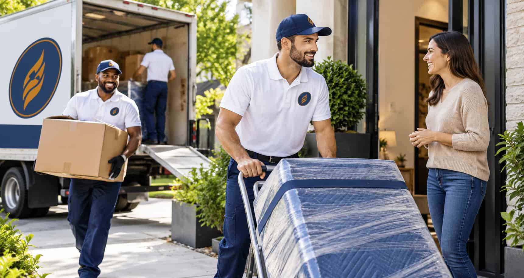Last minute movers loading wrapped furniture on a dolly as the homeowner watches