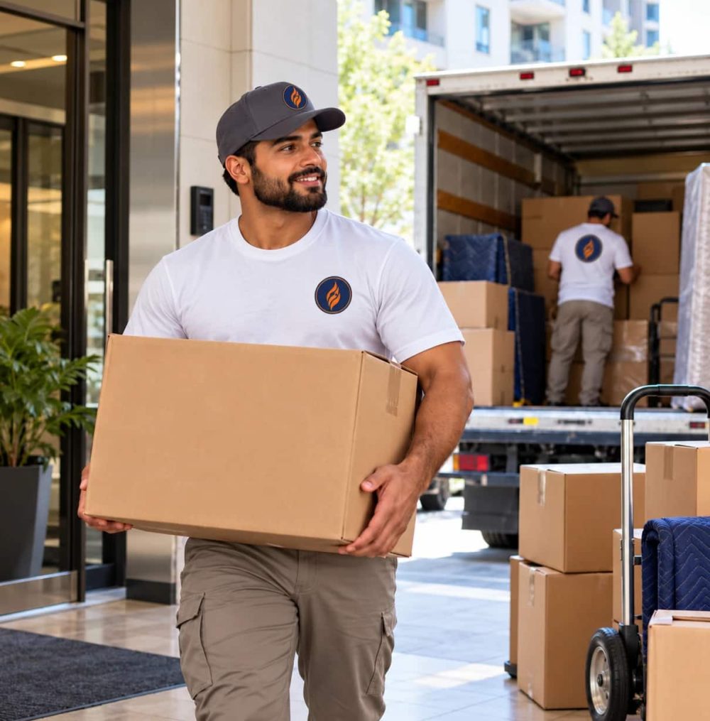 Smiling Fireland mover carrying a moving box into a condo building while the crew unloads the truck