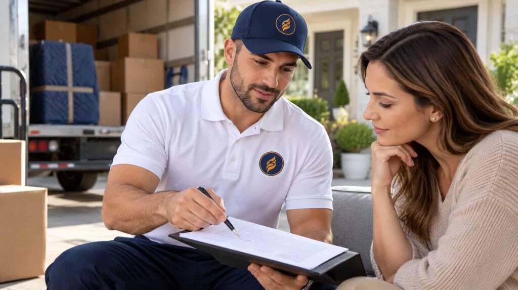 Fireland mover filling out moving and insurance paperwork on a clipboard with a client
