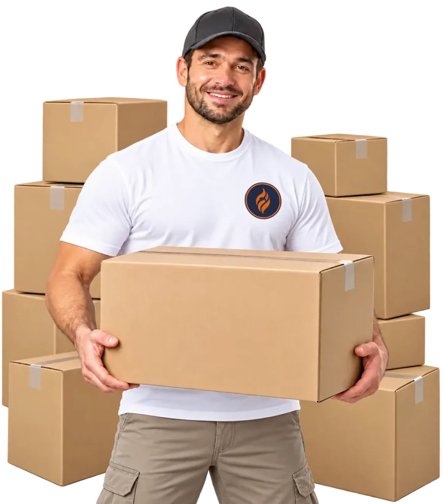 Smiling Fireland mover holding a cardboard moving box in front of stacked boxes