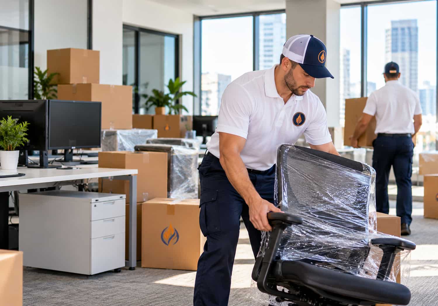 Office movers moving a shrink-wrapped office chair and boxes during a business move