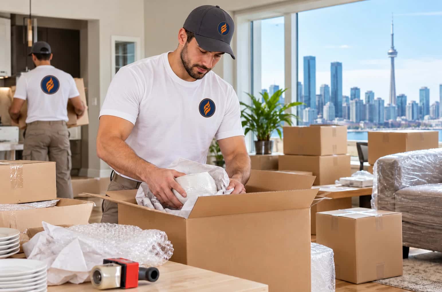 Fireland mover packing dishes into a moving box in a condo with the Toronto skyline and CN Tower in the window