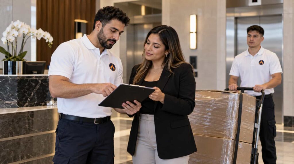 Fireland mover reviewing building access and insurance details on a tablet with a condo property manager in the lobby