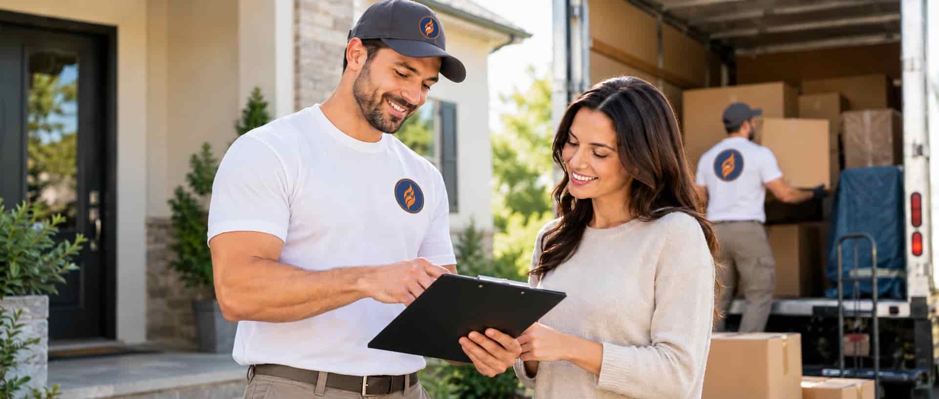 Fireland mover reviewing the moving checklist on a tablet with a Markham homeowner