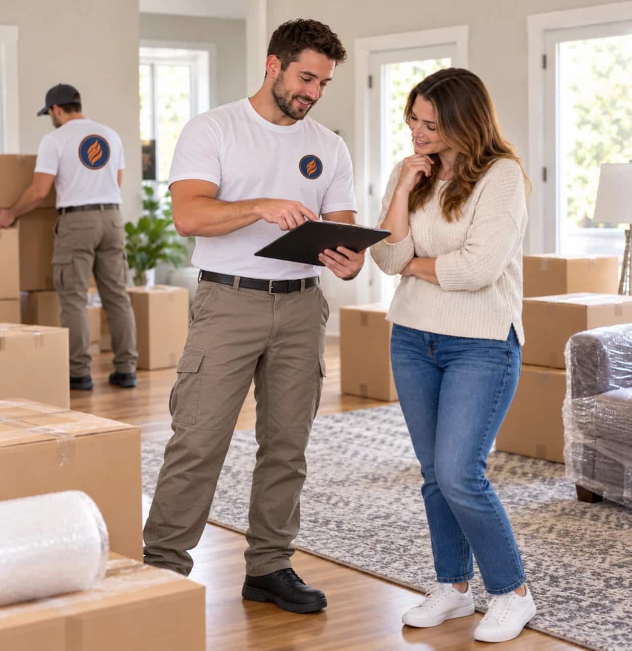 Fireland mover reviewing the moving plan on a tablet with a homeowner in Vaughan