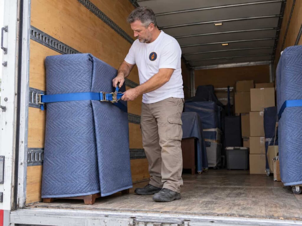 Fireland mover strapping blanket-wrapped furniture inside the moving truck for safe transport