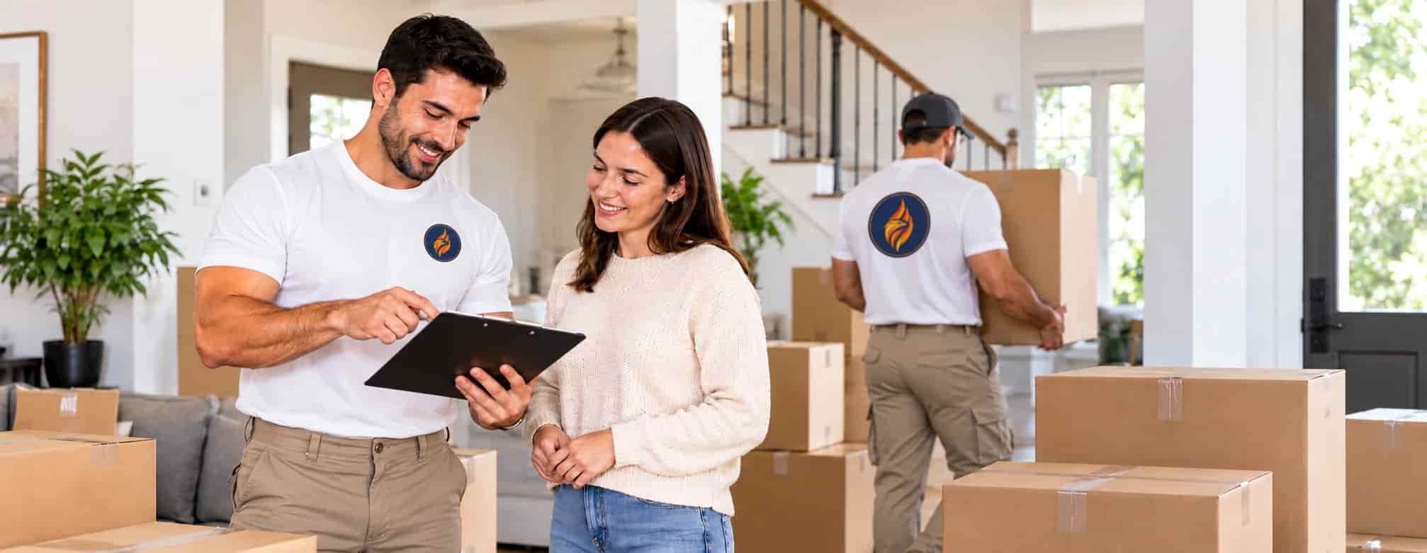 Fireland mover showing the moving plan on a tablet to a customer inside her Markham home