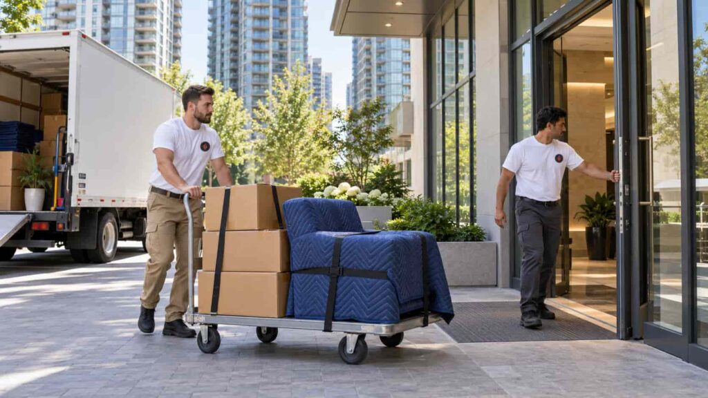 Mover pushing a cart loaded with boxes and blanket-wrapped furniture into a condo building lobby