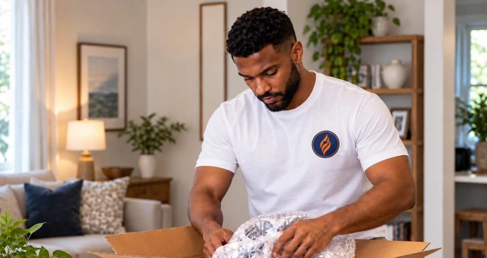 Fireland mover packing bubble-wrapped fragile items into a moving box in a living room