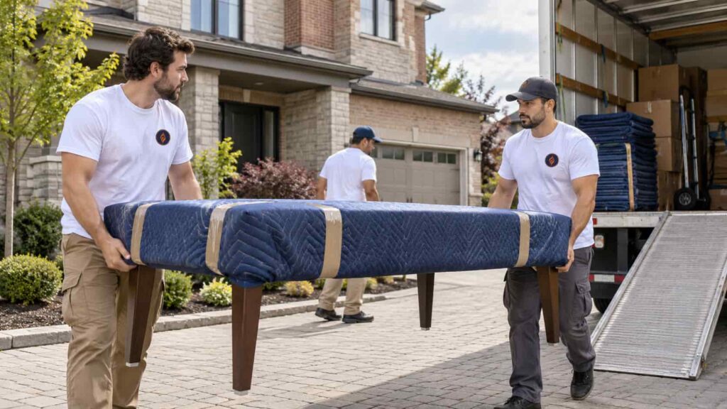 Two movers carrying a blanket-wrapped table down the driveway to a moving truck