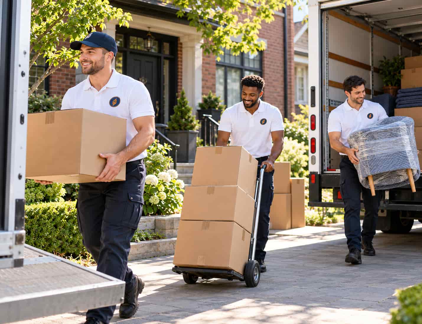 Three movers carrying boxes, a hand truck and wrapped items from a house to the moving truck