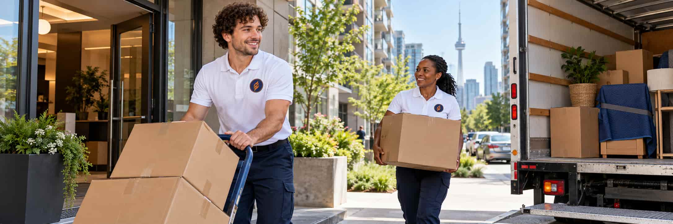 Fireland movers carrying boxes out of an apartment building to the moving truck with the Toronto skyline behind