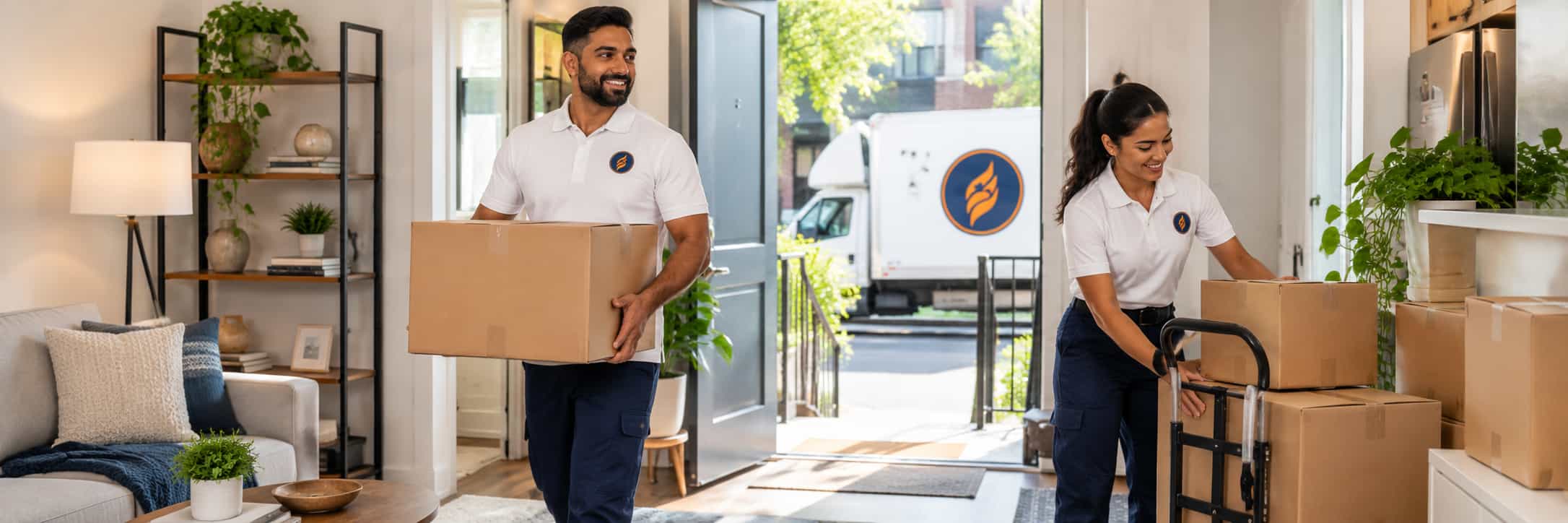 Two Fireland movers carrying moving boxes out of a small apartment to the truck parked outside