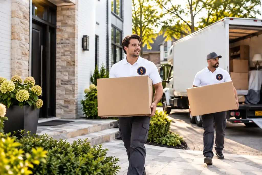 Two movers carrying boxes from a modern home to the moving truck