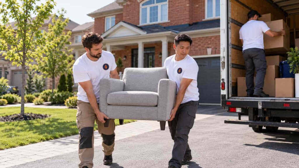 Fireland movers carrying a grey armchair across a suburban driveway to the moving truck