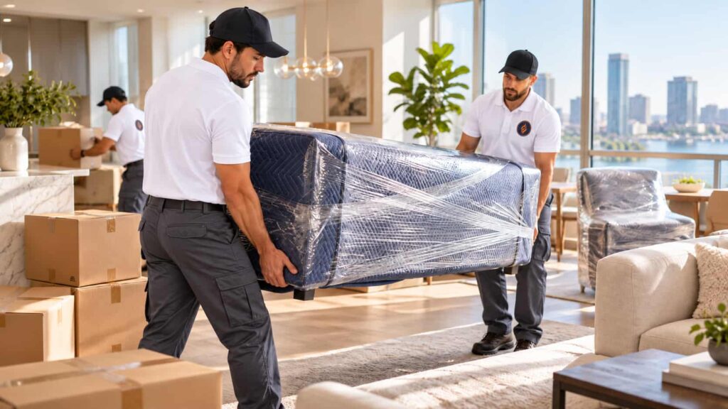 Fireland movers carrying a plastic-wrapped sofa through a high-rise condo with a city skyline view