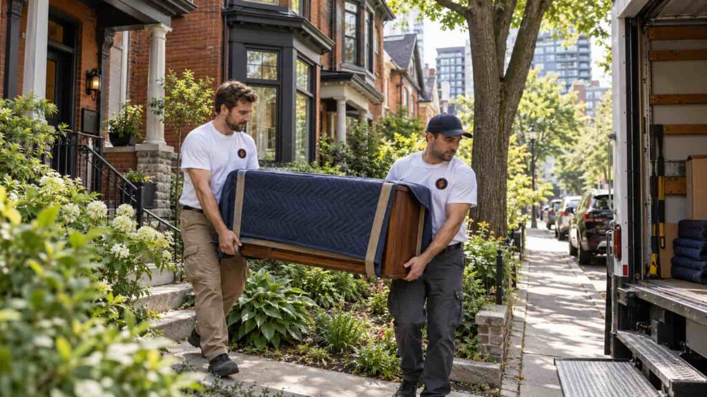 Fireland movers carrying a blanket-wrapped sofa along a tree-lined city street to the moving truck