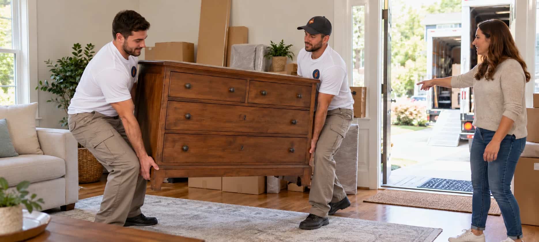 Two movers carrying a wooden dresser through a home while the homeowner watches