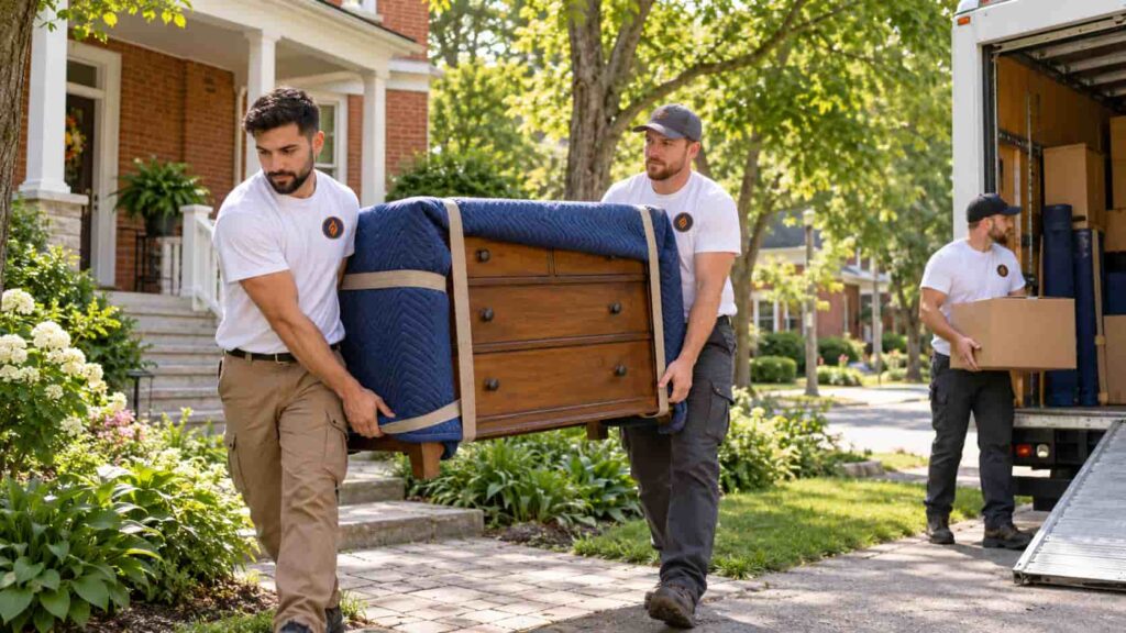 Two movers carrying a blanket-wrapped wooden dresser from a house to the moving truck