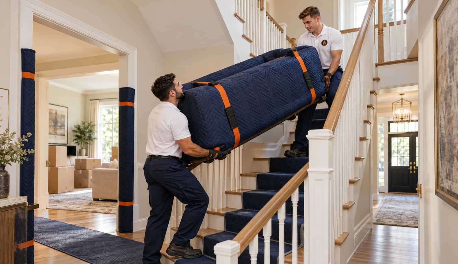 Two Fireland movers carrying blanket-wrapped furniture up the staircase of a family home during a full house move