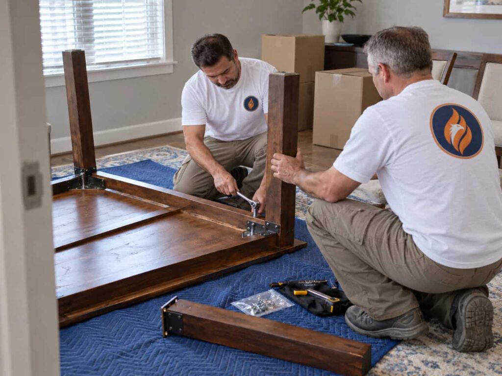 Fireland movers disassembling a wooden dining table on a moving blanket