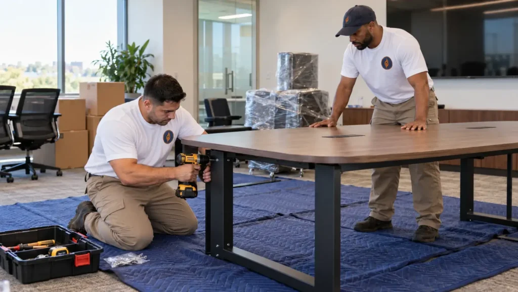 Fireland movers disassembling a conference table on protective blankets during an office move