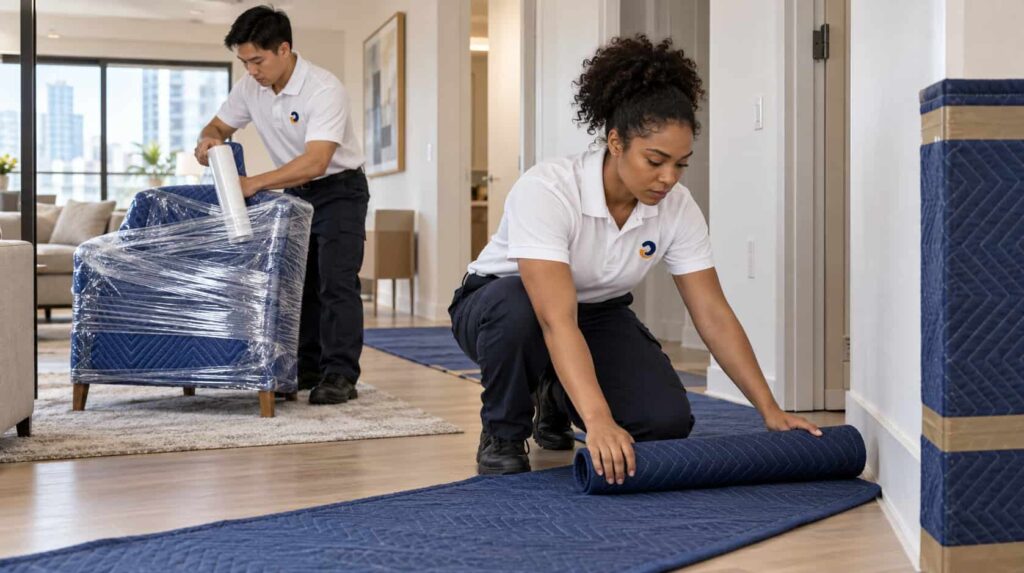 Movers rolling out floor protection runners and shrink-wrapping a chair to protect a condo during the move