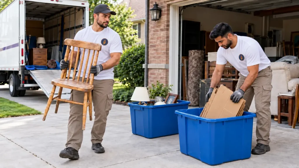 Movers carrying a wooden chair and storage bins from a garage to the moving truck