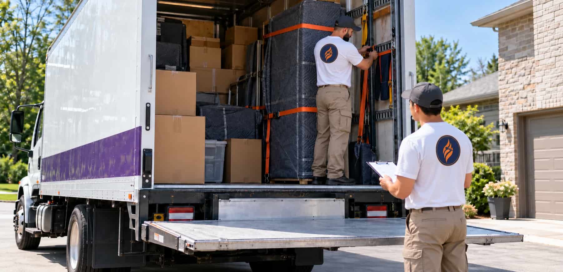 Movers loading a moving truck while a crew lead checks the inventory list