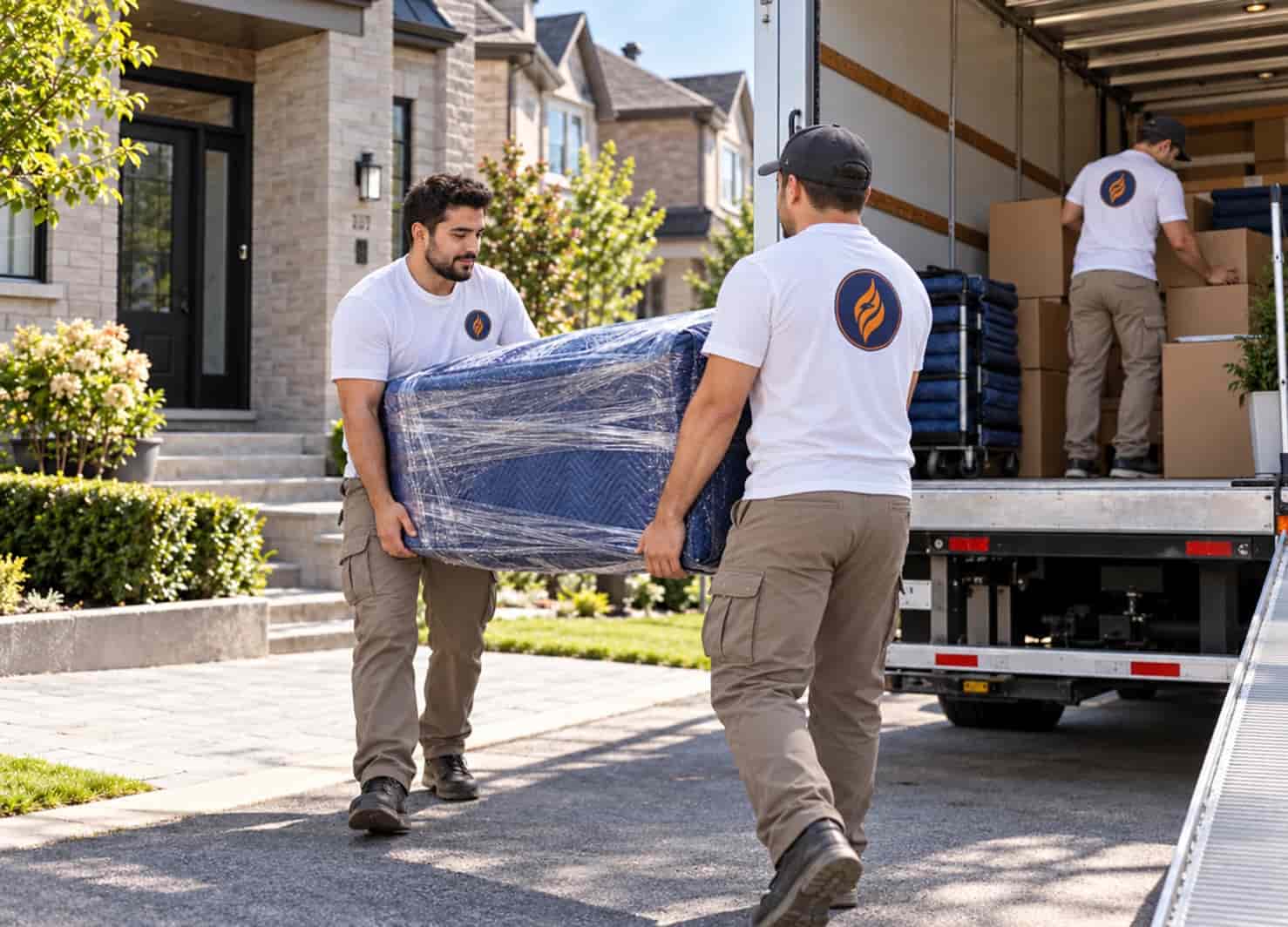 Movers carrying shrink-wrapped furniture from a Vaughan home into a moving truck
