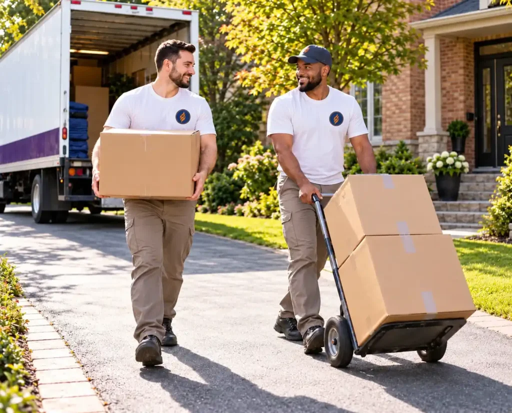 Two movers carrying boxes and a hand truck from the moving truck to a Richmond Hill home