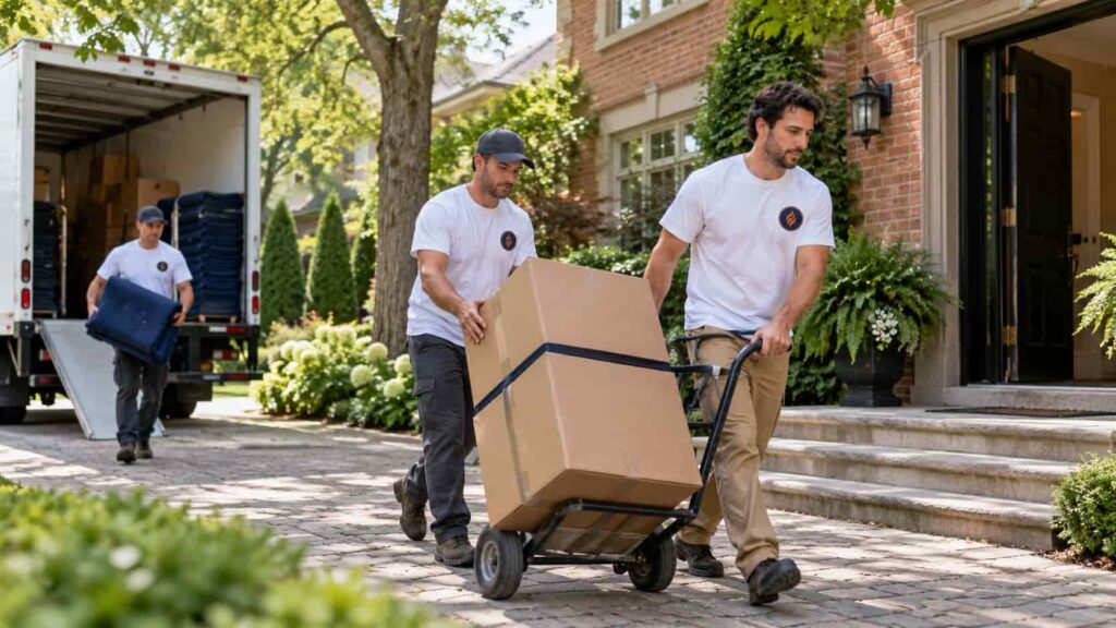 Fireland movers wheeling a stack of boxes on a hand truck from a home toward the moving truck