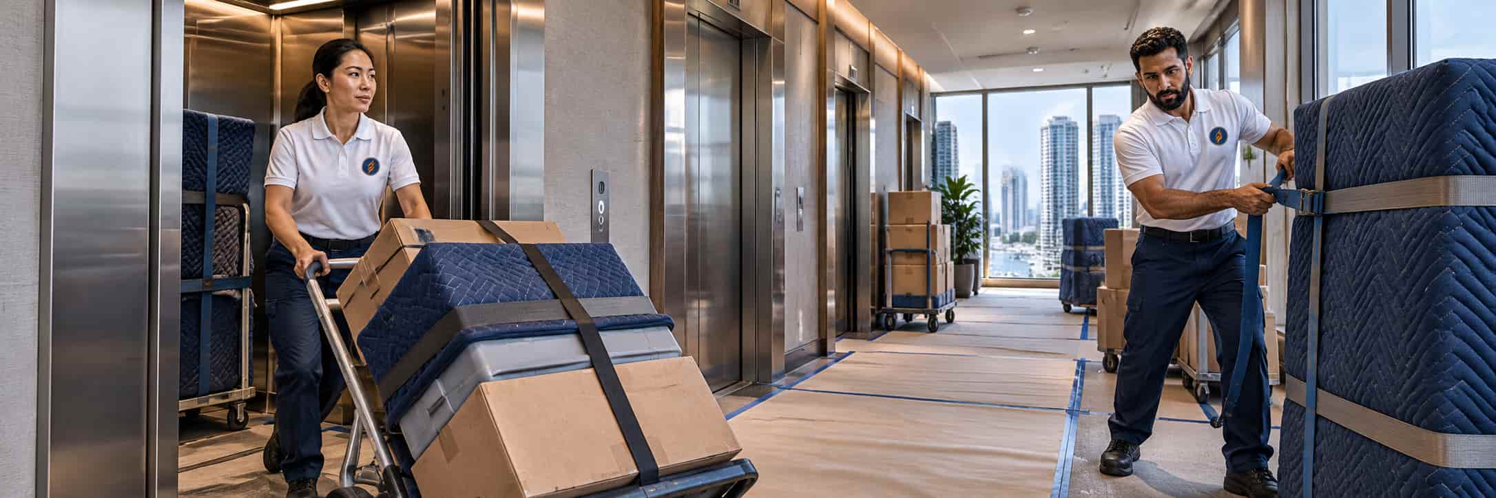 Movers wheeling blanket-wrapped furniture and boxes through the elevator lobby of a high-rise apartment building
