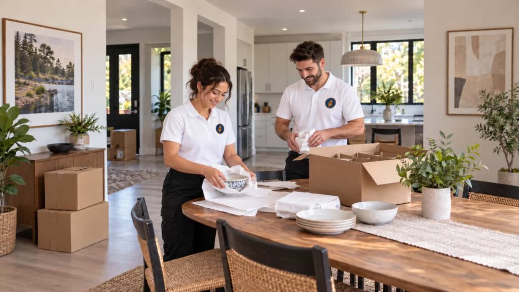 Movers wrapping dishes at the dining table during full house packing