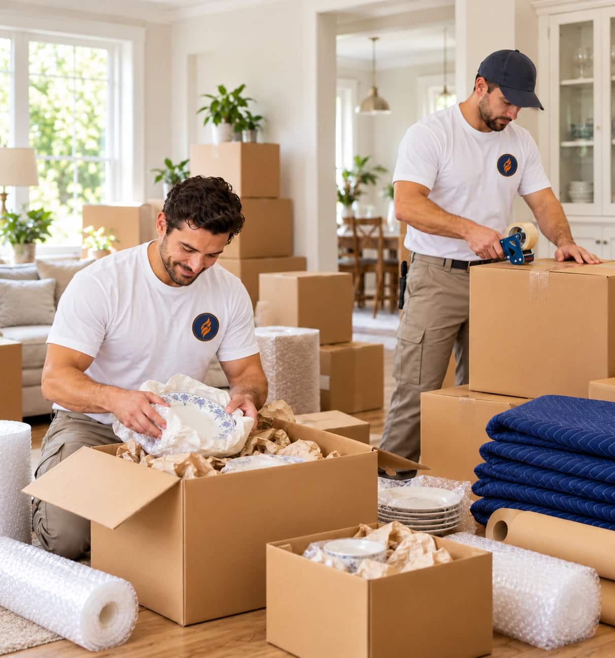 Fireland packers wrapping household items in packing paper and bubble wrap and sealing moving boxes