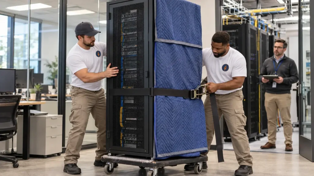 Commercial movers moving a blanket-wrapped server rack on a dolly during an office IT relocation